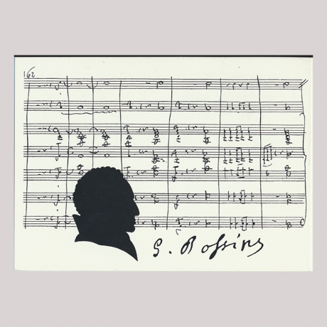 
        Front of silhouette, with man looking right, surrounded by music staff.